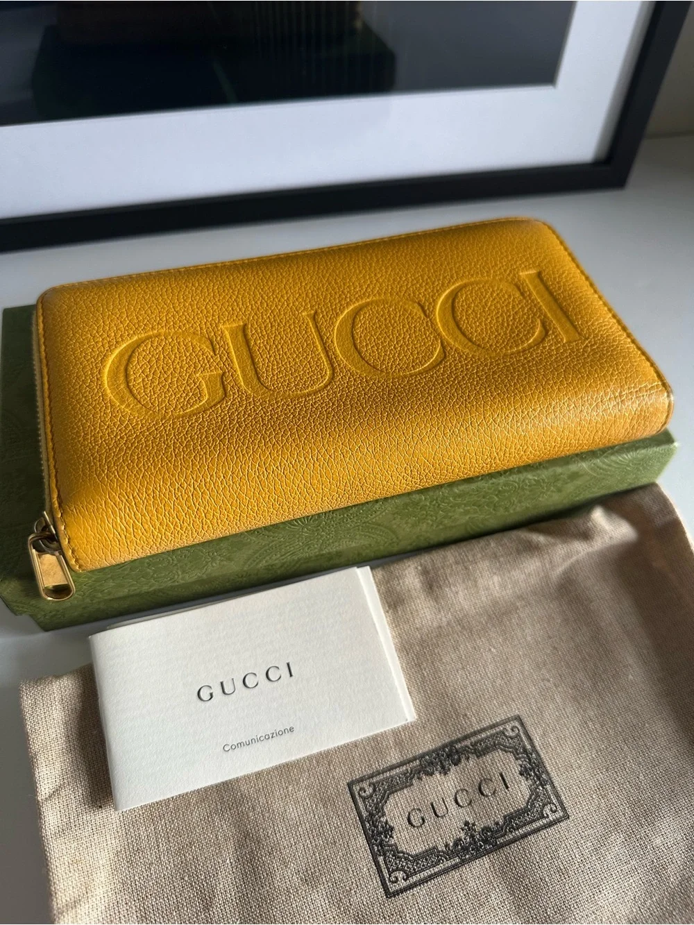Gucci Yellow Embossed Logo Pebbled Leather Zip Around Wallet w/ Box and Dusty ⭐